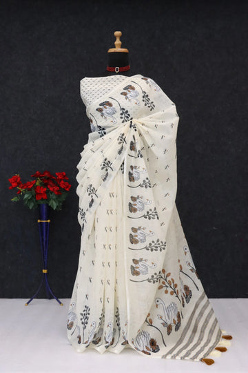 Elegant Soft Linen Cotton Saree - Designer Swan Print Festive Wear
