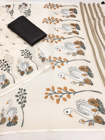 Elegant Soft Linen Cotton Saree - Designer Swan Print Festive Wear