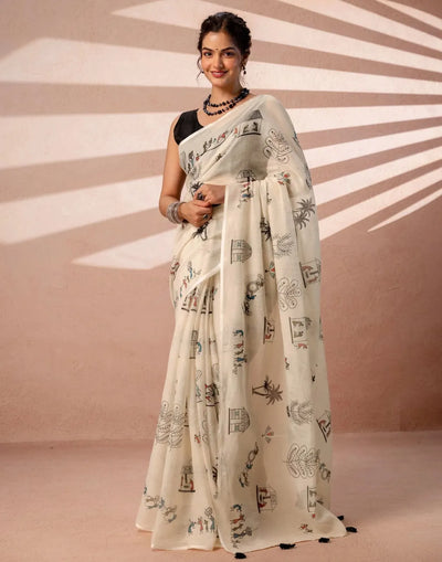 Elegant Soft Linen Cotton Saree - Lightweight Warli Print Festive Wear for Women