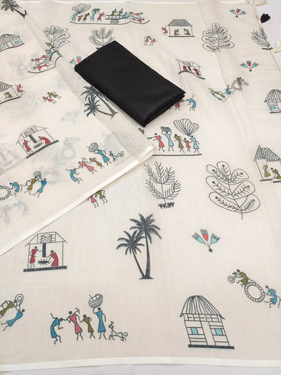 Elegant Soft Linen Cotton Saree - Lightweight Warli Print Festive Wear for Women