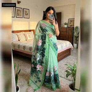 Elegant Soft Linen Cotton Saree - Pichwai Kalamkari Print with Zari Border