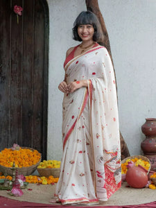 Elegant Soft Linen Digital Print Saree with Gold Zari Border - Festive Durga Puja Wear