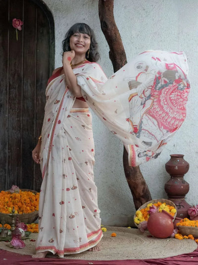 Elegant Soft Linen Digital Print Saree with Gold Zari Border - Festive Durga Puja Wear