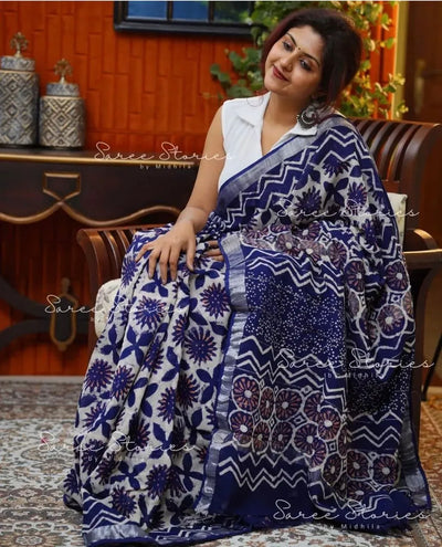 Elegant Soft Linen Print Saree - Lightweight Breathable Festive Wear for Women