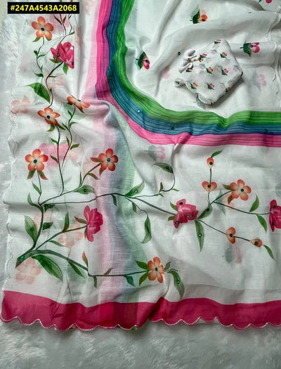 Elegant Soft Linen Saree - Brush Print Style with Mirror Work for Festive Occasions
