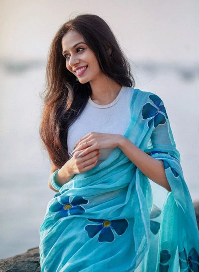 Elegant Soft Linen Saree - Digital Print & Latkan for Women