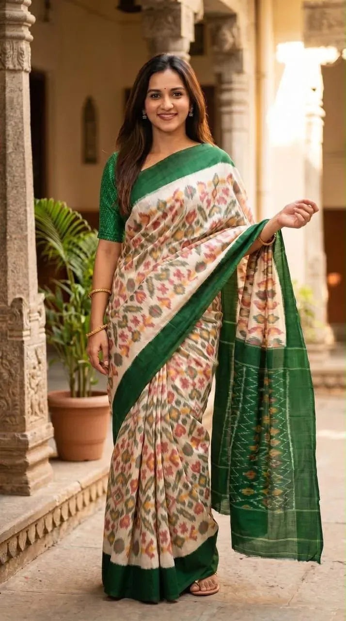 Woman in cream soft linen saree with green border and orange digital ikat print