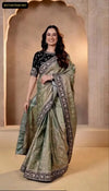 Elegant Soft Mocha Silk Saree - Designer Silver Jari & Sequins Work with Velvet Border for Festive & Special Occasions
