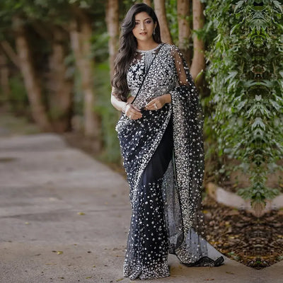 Elegant Soft Net Saree - Exquisite Pearl & Sequin Work for Parties