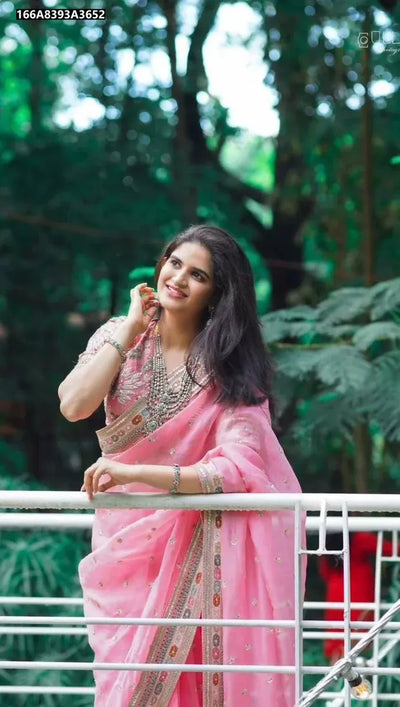 Elegant Soft Organza Saree - Heavy Zari Embroidery for Women