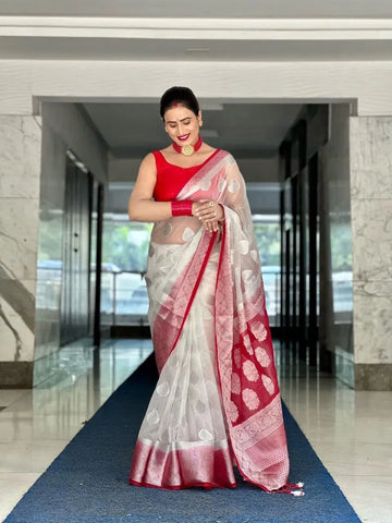 Elegant Soft Organza Saree - Silver Jaquard Weaving with Contrast Blouse for Festive Wear