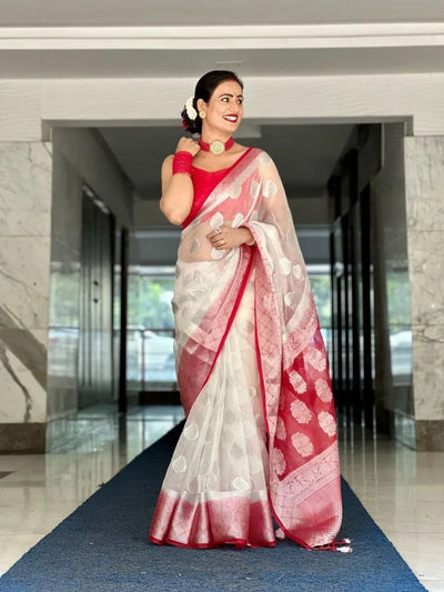 Elegant Soft Organza Saree - Silver Jaquard Weaving with Contrast Blouse for Festive Wear