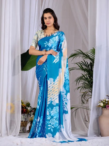 Elegant Soft Satin Georgette Saree with Floral Digital Print - Raksha Bandhan Festive Wear for Women