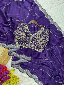 Elegant Soft Satin Silk Saree - Heavy Embroidery for Festive Occasions