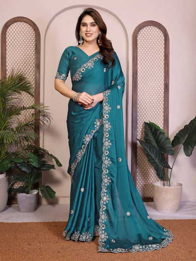 Elegant Soft Shattin Chiffon Saree - Embroidered Party Wear for Women