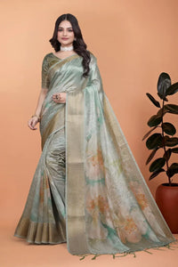 Elegant Soft Silk Saree - Floral Digital Print with Golden Zari Border