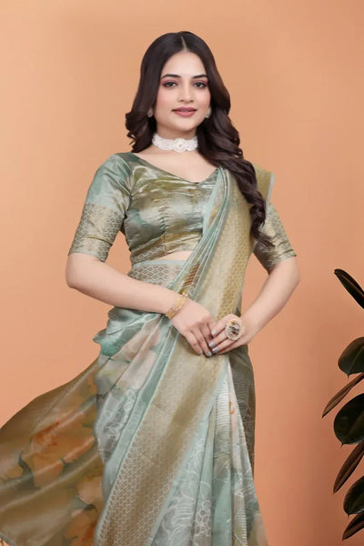 Elegant Soft Silk Saree - Floral Digital Print with Golden Zari Border