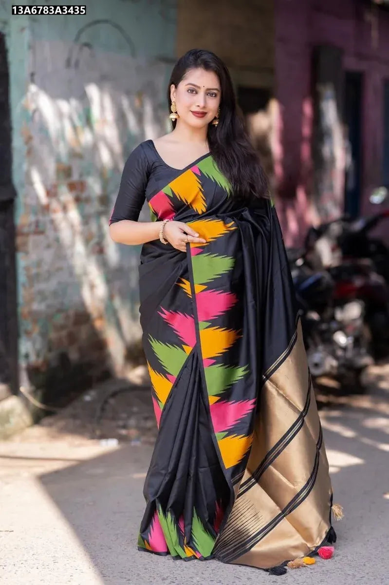 Premium Black Soft Silk Saree with Multicolour Temple Border