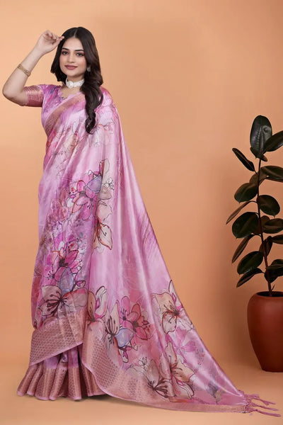 Elegant Soft Silk Saree with Floral Digital Print & Copper Zari Border for Festive Wear