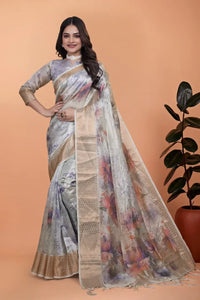 Elegant Soft Silk Saree with Multicolor Floral Print & Golden Zari Border - Premium Wedding Wear for Women