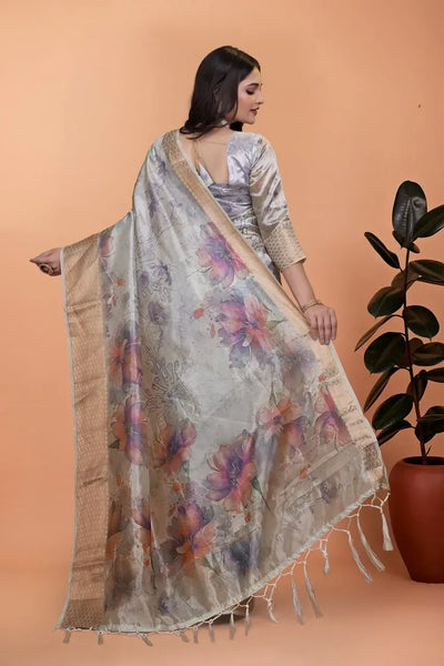 Elegant Soft Silk Saree with Multicolor Floral Print & Golden Zari Border - Premium Wedding Wear for Women
