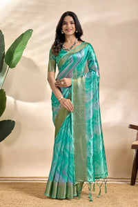 Elegant Soft Silk Saree with Subtle Wave Print - Zari Border Festive Wear for Women
