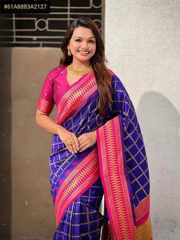 Elegant Soft Silk Saree - Zari Woven Checks for Festive Occasions