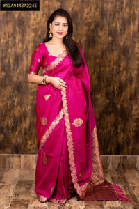 Premium Soft Silk Zari Saree with Handcrafted Cutwork Border and Rani Pink Blouse