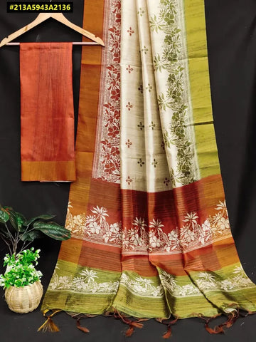 Elegant Soft Tussar Silk Saree - Floral Print with Contrast Blouse for Women
