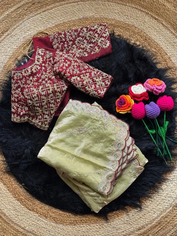 Elegant Space Silk Saree - Heavy Embroidery & Scallop Border for Festive & Wedding Wear