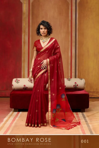 Elegant Spun Cotton Handloom Saree - Organza Weaving Pallu for Festive Elegance