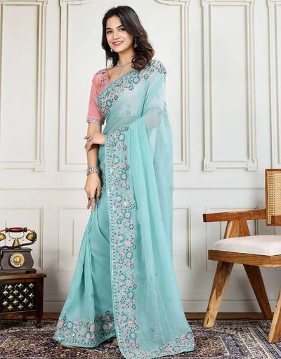 Elegant Star Georgette Saree - All Over Embroidery & Cutwork Border for Wedding