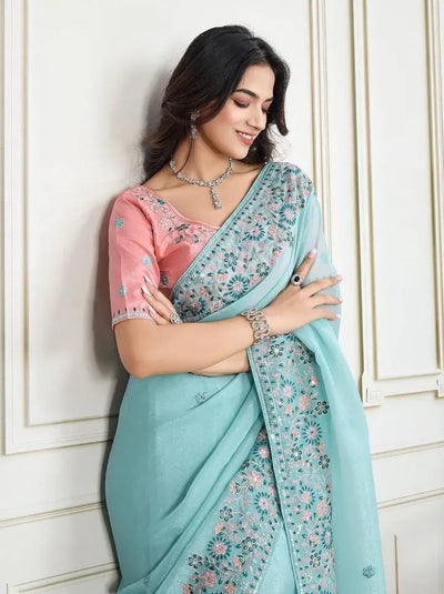 Elegant Star Georgette Saree - All Over Embroidery & Cutwork Border for Wedding