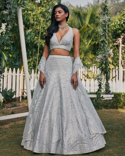 Elegant Steel Grey Lehenga | Mirror Work for Weddings & Parties