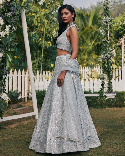 Elegant Steel Grey Lehenga | Mirror Work for Weddings & Parties