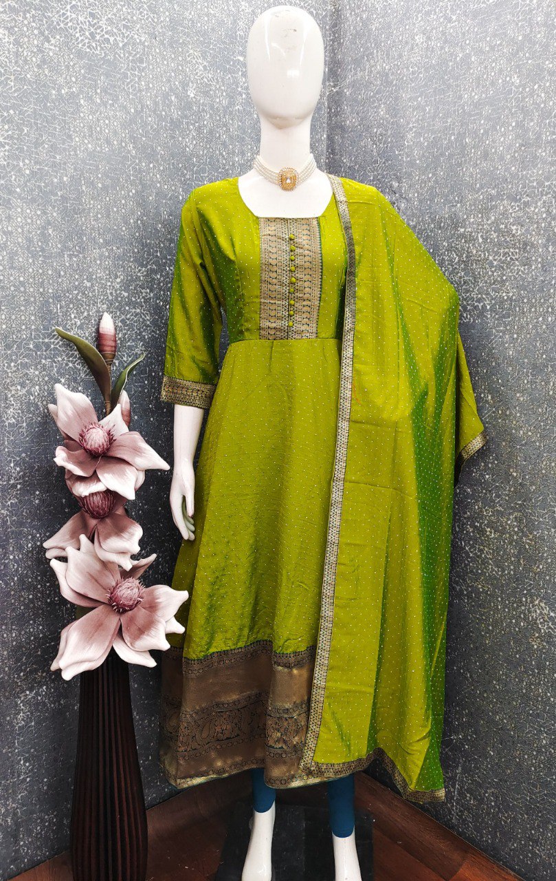 Full view of Lime Green TRENDBUY Elegant Straight Gown Set on mannequin, highlighting the rich Vichitra fabric and border.