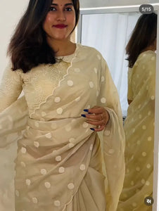 Elegant Tabby Georgette Saree - Polka Dot Scallop Border