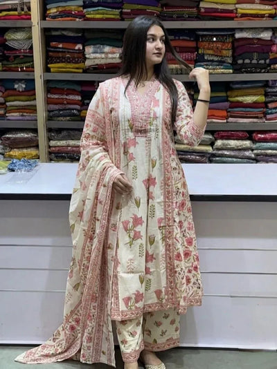 Elegant Taj Cotton Suit Set - Handwork Neck & Floral Print Festive Wear