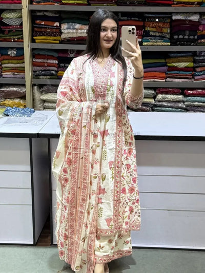 Elegant Taj Cotton Suit Set - Handwork Neck & Floral Print Festive Wear
