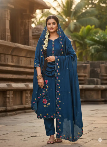 Elegant Teal Blue Dress Material - Intricate Embroidery for Festive Wear