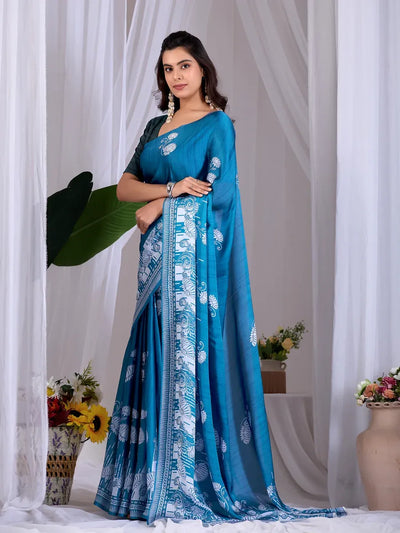 Elegant Teal Blue Floral Georgette Saree with Blouse Piece for Festive Wear