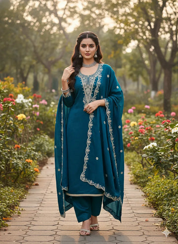 Elegant Teal Blue Suit - Embroidered Vichitra Dress Material for Festive Wear