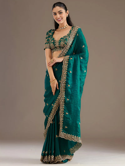 Elegant Teal Blue Tissue Saree - Multi-Sequins & Zari Embroidery for Festive Wear