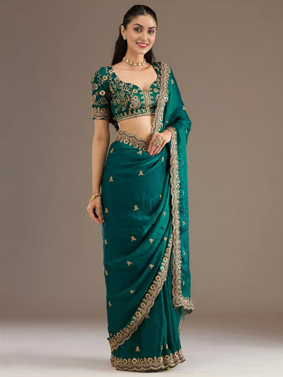 Elegant Teal Blue Tissue Saree - Multi-Sequins & Zari Embroidery for Festive Wear