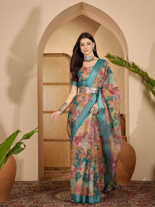 Elegant Teal Floral Linen Cotton Saree - Zari Woven Festive Wear for Women