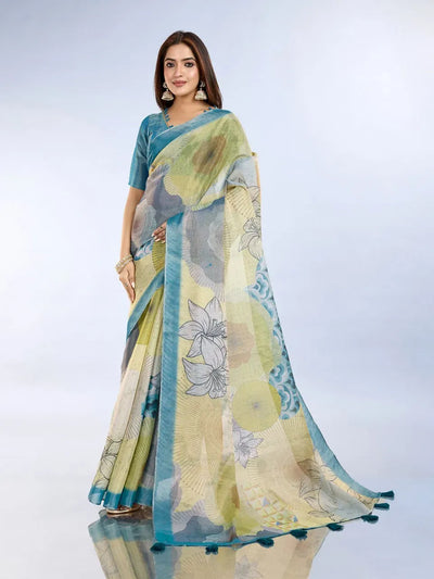 Elegant Teal Floral Silk Saree with Blouse - Festive Wear