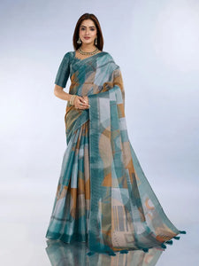 Elegant Teal Geometric Printed Silk Saree - Lightweight Modern Drape Festive Wear for Women