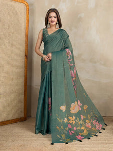 Elegant Teal Green Silk Saree - Floral Printed Festive Wear