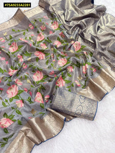 Elegant Tissue Zari Saree - Floral Embroidery & Sequins for Weddings