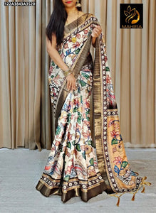 Elegant Tussar Saree - Hand-Painted Kalamkari Print for Festive & Party Wear
